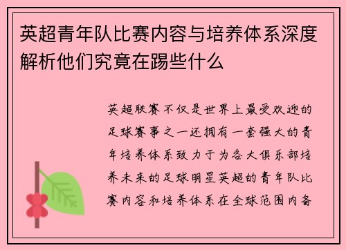 英超青年队比赛内容与培养体系深度解析他们究竟在踢些什么