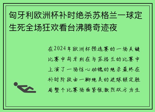 匈牙利欧洲杯补时绝杀苏格兰一球定生死全场狂欢看台沸腾奇迹夜 匈牙利欧洲杯补时绝杀苏格兰一球定生死全场狂欢看台沸腾奇迹夜