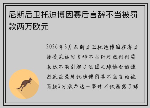 尼斯后卫托迪博因赛后言辞不当被罚款两万欧元