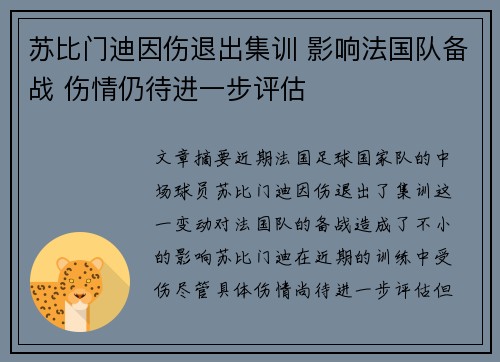 苏比门迪因伤退出集训 影响法国队备战 伤情仍待进一步评估 苏比门迪因伤退出集训 影响法国队备战 伤情仍待进一步评估